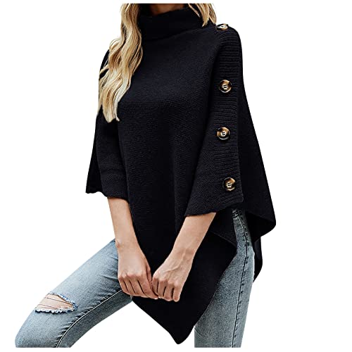 Generisch Damen Poncho Pullover Elegant Rollkragenpullover Damen Oversize Winterpullover Damen Warm mit Knöpfen Pulli Damen Strick Poncho Rollkragen Strickpullover Frauen Umhang Longpullover Winter von Generisch
