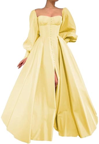 Generisch Damen PuffäRmel Abschlussballkleid Sweetheart Satin Ball Kleid Schlitz Formelle Abendkleider Prinzessin Brautkleider Yellow L von Generisch