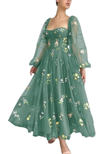Generisch Damen PuffäRmel Ballkleid Blumenstickerei Spitze Formal TüLl Wadenlang Abendkleid Partykleid Peacock XL von Generisch