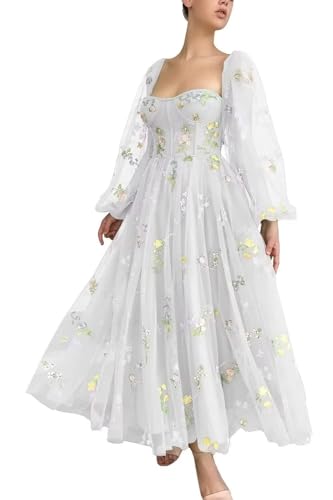 Generisch Damen PuffäRmel Ballkleid Blumenstickerei Spitze Formal TüLl Wadenlang Abendkleid Partykleid White L von Generisch