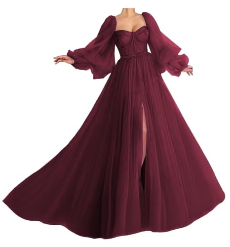 Generisch Damen PuffäRmel Ballkleider Langer TüLl Ballkleid Schlitz Formelle Abendkleider Schatz Prinzessin Hochzeitskleid Burgundy S von Generisch