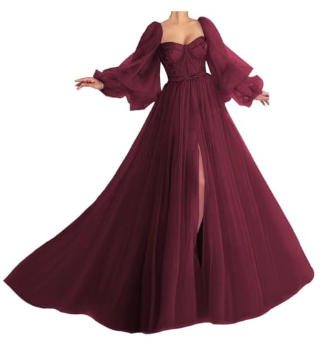 Generisch Damen PuffäRmel Ballkleider Langer TüLl Ballkleid Schlitz Formelle Abendkleider Schatz Prinzessin Hochzeitskleid Burgundy XXL von Generisch