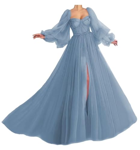 Generisch Damen PuffäRmel Ballkleider Langer TüLl Ballkleid Schlitz Formelle Abendkleider Schatz Prinzessin Hochzeitskleid Dusty Blue 4XL von Generisch