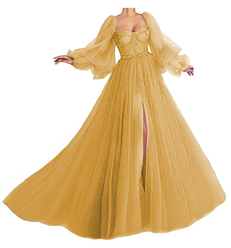 Generisch Damen PuffäRmel Ballkleider Langer TüLl Ballkleid Schlitz Formelle Abendkleider Schatz Prinzessin Hochzeitskleid Gold 9XL von Generisch