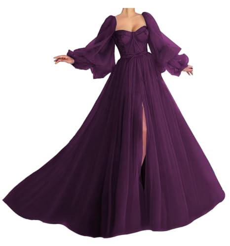 Generisch Damen PuffäRmel Ballkleider Langer TüLl Ballkleid Schlitz Formelle Abendkleider Schatz Prinzessin Hochzeitskleid Grape XL von Generisch