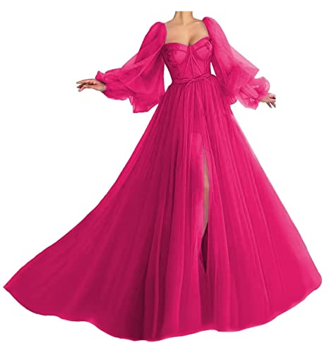 Generisch Damen PuffäRmel Ballkleider Langer TüLl Ballkleid Schlitz Formelle Abendkleider Schatz Prinzessin Hochzeitskleid Hot Pink M von Generisch