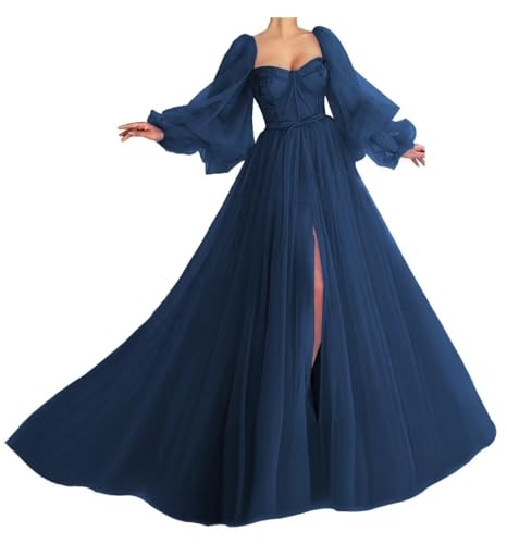 Generisch Damen PuffäRmel Ballkleider Langer TüLl Ballkleid Schlitz Formelle Abendkleider Schatz Prinzessin Hochzeitskleid Navy Blue L von Generisch