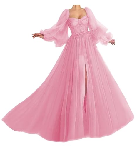 Generisch Damen PuffäRmel Ballkleider Langer TüLl Ballkleid Schlitz Formelle Abendkleider Schatz Prinzessin Hochzeitskleid Pink M von Generisch