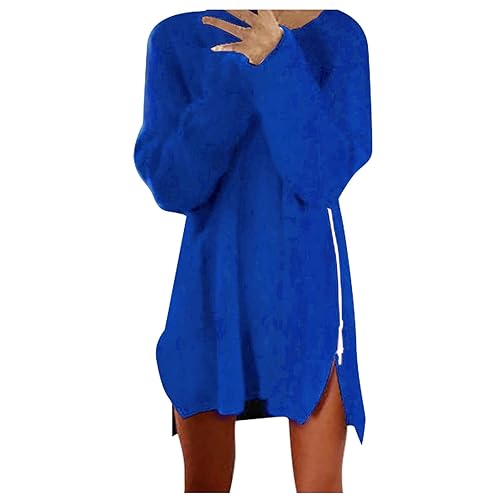 Generisch Damen Pullover, Lange Mode Lässig Dünn Lose Reißverschluss Pullover Feste Farbe Weiche Plüsch Pullover Top Damen Elegant Pullover Winter Für Damen Pullover (M, Royal Blue) von Generisch