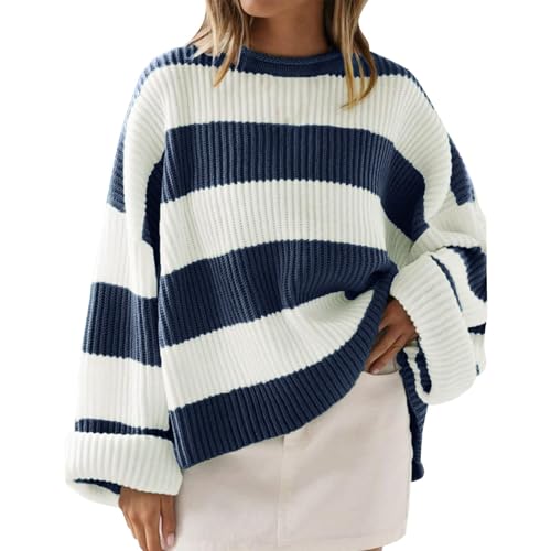 Generisch Damen Pullover Herbst Streifenmuster Sweatshirt Langarm Rundhalspullover Oversize Strickpullover Mit Ausgestellten Ärmeln Leicht Warm Winterpullover Elegant Weich Knit Sweater Generisch Damen Pullover Herbst Streifenmuster Sweatshirt Langarm Rundhalspullover Oversize Strickpullover Mit Ausgestellten Ärmeln Leicht Warm Winterpullover Elegant Weich Knit Sweater von Generisch