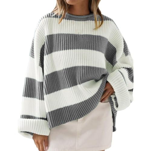 Generisch Damen Pullover Herbst Streifenmuster Sweatshirt Langarm Rundhalspullover Oversize Strickpullover Mit Ausgestellten Ärmeln Leicht Warm Winterpullover Elegant Weich Knit Sweater Generisch Damen Pullover Herbst Streifenmuster Sweatshirt Langarm Rundhalspullover Oversize Strickpullover Mit Ausgestellten Ärmeln Leicht Warm Winterpullover Elegant Weich Knit Sweater von Generisch