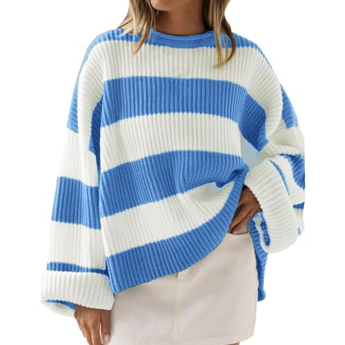 Generisch Damen Pullover Herbst Streifenmuster Sweatshirt Langarm Rundhalspullover Oversize Strickpullover Mit Ausgestellten Ärmeln Leicht Warm Winterpullover Elegant Weich Knit Sweater von Generisch