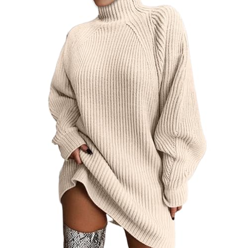 Generisch Damen Pulloverkleid Winter Langarm Rollkragen Winterkleid Damen Lang Warm Strickkleid Damen Knielang Einfarbig Strickkleider Elegant Locker Longpullover Grobstrick Pullikleid Strick Casual von Generisch