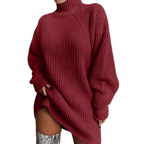 Generisch Damen Pulloverkleid Winter Langarm Rollkragen Winterkleid Damen Lang Warm Strickkleid Damen Knielang Einfarbig Strickkleider Elegant Locker Longpullover Grobstrick Pullikleid Strick Casual von Generisch