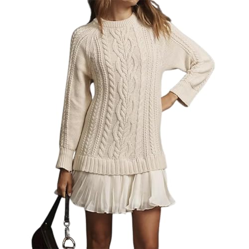 Generisch Damen-Pulloverkleid mit Zopfmuster, lässiger Rundhals-Langarm-Plissee-Strickpullover, Minirock (Beige,M) von Generisch