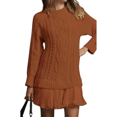 Generisch Damen-Pulloverkleid mit Zopfmuster, lässiger Rundhals-Langarm-Plissee-Strickpullover, Minirock (Brown,XXL) von Generisch
