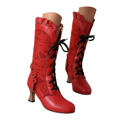 Generisch Damen Quadratischer Zehen Plattform Kurze Stiefel Mit Metallkette Hoher Stämmiger Absatz Vintage Marche Chaussures Occidentales Classiques Chaussures décontractées à Tube Haut et Profond von Generisch