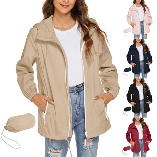 Generisch Damen Regenjacke mit Kapuze H-erbst Leichte Faltbare Outdoor Windjacke mit Reißverschluss und T-aschen Frauen Langarm wasserdichte Übergangsjacke in M-ehreren Farben (AKhaki, XXL) von Generisch