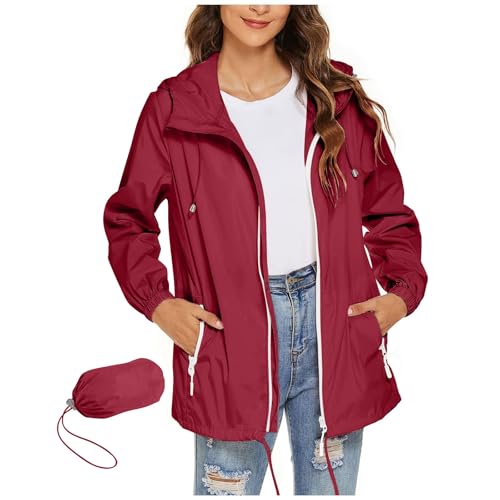 Generisch Damen Regenjacke mit Kapuze H-erbst Leichte Faltbare Outdoor Windjacke mit Reißverschluss und T-aschen Frauen Langarm wasserdichte Übergangsjacke in M-ehreren Farben (Wine, XXL) von Generisch