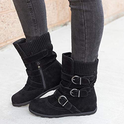 Generisch Damen Runde Zehe Reißverschluss Flache Farbe Schnallenriemen Halten Warme Schneestiefel Mädchen 30 Schwarz (Black, 41) von Generisch