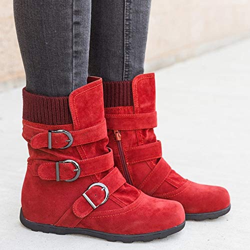 Generisch Damen Runde Zehe Reißverschluss Flache Farbe Schnallenriemen Halten Warme Schneestiefel Mädchen 30 Schwarz (Red, 39) von Generisch