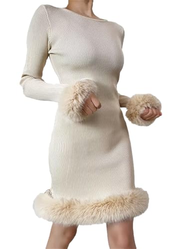 Generisch Damen Rundhalsausschnitt Strick Minikleid Langarm Kunstpelz Trim Wrap Kleid Damen Elegant Slim Fit Strickwaren Für Frühling Und Herbst (Beige,Einheitsgröße) von Generisch