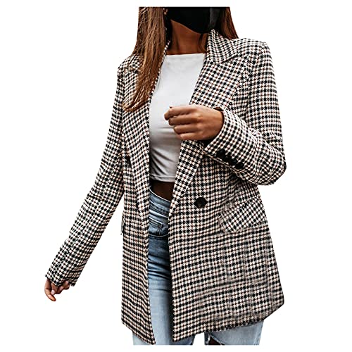 Generisch Damen Sakko Kariert Tweed Blazer Oversized Jacke Hemdjacke Karo Lange Ärmel Herbst Winter Übergangsjacke Mit Taschen Knopfleiste Revers Mantel Plüsch Blusenshirt Longblazer von Generisch