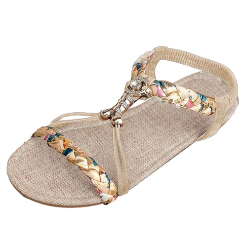 Generisch Damen Sandalen Flach Bohemian Boho Strass SommerSandalen Weberei Elastic -Gurt Schicke Strandsandalen Pantoletten Atmungsaktive Bequeme Weiches Leichte Vintage Freizeitschuhe (Beige, 38.5) von Generisch