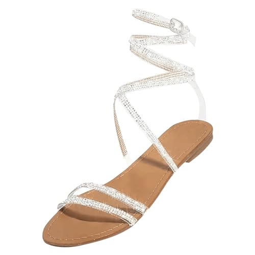 Generisch Damen Sandalen Flach Mit Glitzer | Riemchensandalen Sommer Elegant Schöne Kreuzriemen Sandalen Mit Strass Sandaletten Vintage Gladiator Schuhe Verstellbar Sandalen Rutschfest Strandsandalen von Generisch