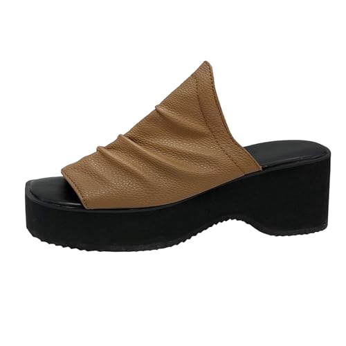 Generisch Damen Sandalen Flach Trekkingschuhe Damen Sandalen New Europe und die Staaten Wind Plissee Weiches Paket Square Head Open Toe Thick Bottom A Word Sandale mit Absatz Schuhe (Brown,40) von Generisch