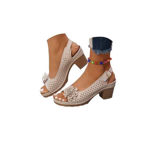 Generisch Damen Sandalen Mit Absatz Elegant Pumps Sommerschuhe Mit Blockabsatz Bequeme Casual Freizeit Open Toe High Heels Schnallensandalen atmungsaktive hohle 3D Blumen Dekoration (Khaki-A, 8) von Generisch