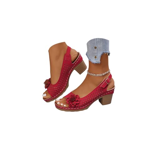 Generisch Damen Sandalen Mit Absatz Elegant Pumps Sommerschuhe Mit Blockabsatz Bequeme Casual Freizeit Open Toe High Heels Schnallensandalen atmungsaktive hohle 3D Blumen Dekoration (Red-A, 7.5) von Generisch