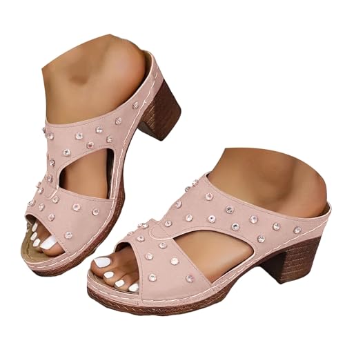 Generisch Damen Sandalen Plateau Blockabsatz Pantoletten Peeptoe WildlederSchuhe Slip On Strass Schicke Lässige Bequeme Elegant Leichte Sommerschuhe Freizeitschuhe Freizeitschuhe (36) von Generisch