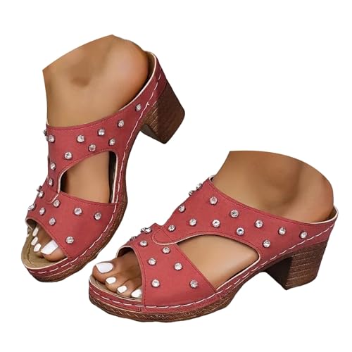 Generisch Damen Sandalen Plateau Blockabsatz Pantoletten Peeptoe WildlederSchuhe Slip On Strass Schicke Lässige Bequeme Elegant Leichte Sommerschuhe Freizeitschuhe Freizeitschuhe (Red, 40.5) von Generisch