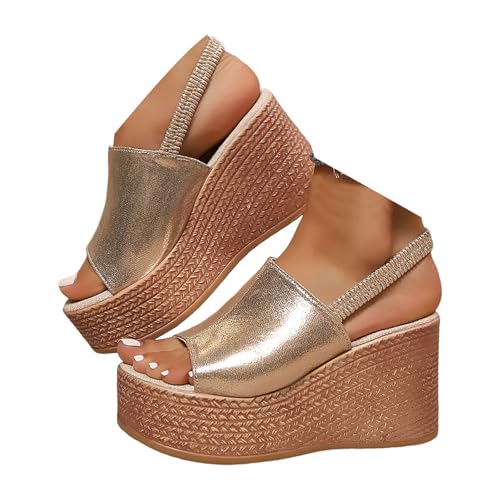 Generisch Damen Sandalen Plateau Keilabsatz Hell Slingback SommerSandalen Weiches Fußbett Slip On Offen Strandsandalen Pantoletten Bequeme Weiches Freizeitschuhe Wanderschuhe (Gold, 37) von Generisch