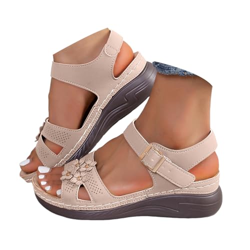 Generisch Damen Sandalen Plateau Keilabsatz Ledersandalen Hohl SommerSandalen Offen Verstellbaren Blumen Strandsandalen Pantoletten Bequeme Weiches Lässige Wanderschuhe Freizeitschuhe (Beige, 40.5) von Generisch