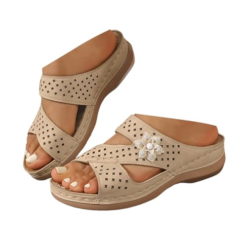 Generisch Damen Sandalen Plateau Keilabsatz Slip On Hohl SommerSandalen Barfußschuh Weiches Fußbett Offen Strandsandalen Pantoletten Bequeme Weiches Freizeitschuhe Wanderschuhe (Khaki, 38.5) von Generisch