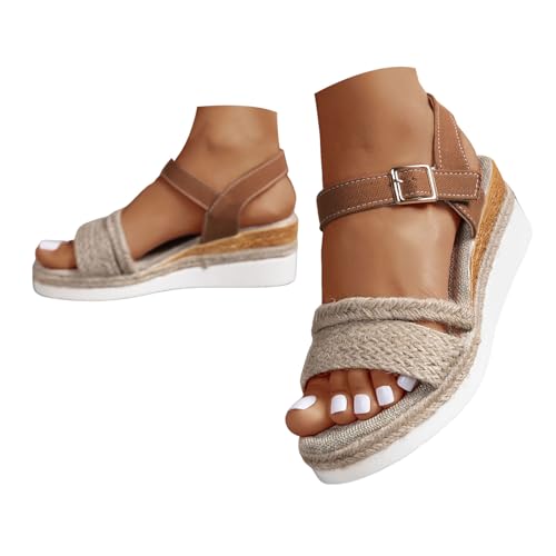 Generisch Damen Sandalen Plateau Keilabsatz Spangen Verstellbaren Weberei Slingback Freizeitschuhe Wanderschuhe Classic Bequeme Lässige Leichte Sommerschuhe Urlaub Reise (Brown, 40.5) von Generisch