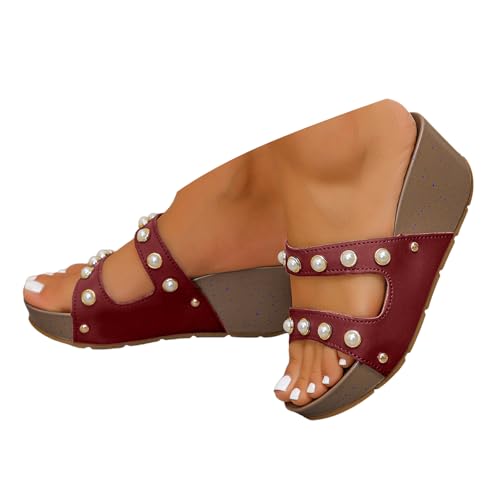 Generisch Damen Sandalen Plateau Keilabsatz WildlederSchuhe Hohl SommerSandalen Weiches Fußbett Perle Slip On Strandsandalen Pantoletten Bequeme Weiches Lässige Wanderschuhe Freizeitschuhe (37.5) von Generisch