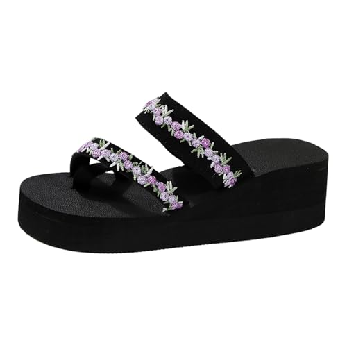 Generisch Damen Sandalen Plateau Slip On Stickerei Blumen SommerSandalen Barfußschuh Reinschlüpfen Offen Strandsandalen Pantoletten Bequeme Weiches Freizeitschuhe Wanderschuhe (Purple, 37) von Generisch