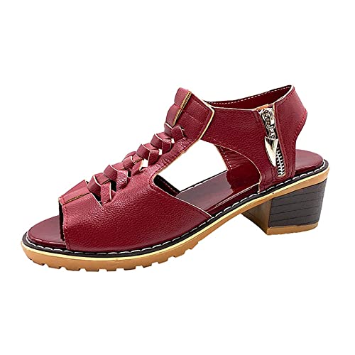 Generisch Damen Sandalen Sommer Römersandalen Frauen Plattform Open Toe Knöchelriemen Reißverschluss hinten High Heel Sandalen Chunky Heel Sandale Damensandale casual einzigartige Sommer (Red, 40) von Generisch
