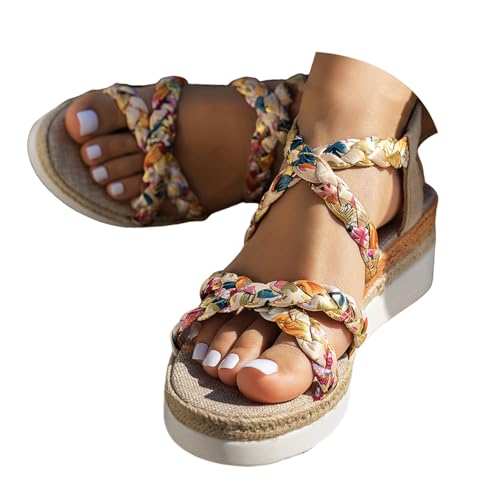 Generisch Damen Sandalen Sommer mit Keilabsatz Bequeme Mode Frauen Plateau Espadrilles Sandals Glitzer Strass Elegant Bohemian Sandalen mit Weiches Fussbett und Ankle Strap (C, 42) von Generisch