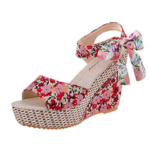 Generisch Damen Sandalen Wedge Plateau National Druck Hochzeits Sandaletten Unpositioniert Lace High Heels Trendy Stil (Red, 38) von Generisch