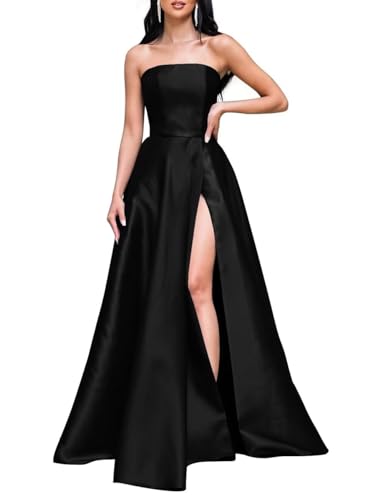 Generisch Damen Satin Ballkleider 2024 TräGerloses TräGerloses Korsett Langes Ballkleid Formelles Abendpartykleid Mit Schlitz Black 6XL von Generisch