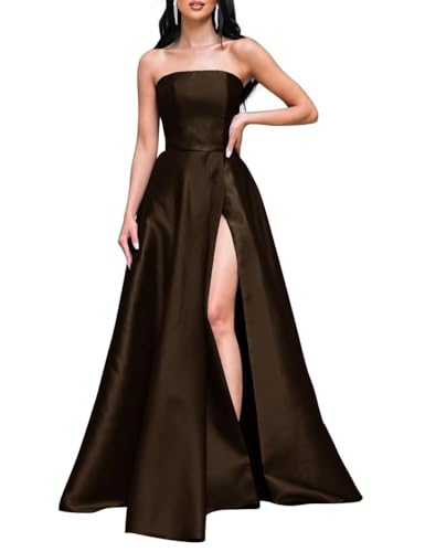 Generisch Damen Satin Ballkleider 2024 TräGerloses TräGerloses Korsett Langes Ballkleid Formelles Abendpartykleid Mit Schlitz Chocolate M von Generisch
