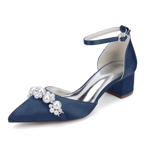 Generisch Damen Satin Block Stämmiger Absatz Abendkleid Schuhe Geschlossen Spitze Pointed Toe Flats Hochzeit Kleid Party Schuhe Flats 4.5Cm,Dark Blue,37 EU von Generisch