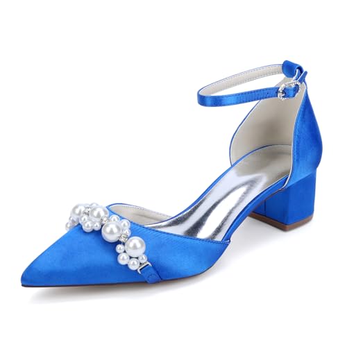 Generisch Damen Satin Block Stämmiger Absatz Abendkleid Schuhe Geschlossen Spitze Pointed Toe Flats Hochzeit Kleid Party Schuhe Flats 4.5Cm,Royal Blue,41 EU von Generisch
