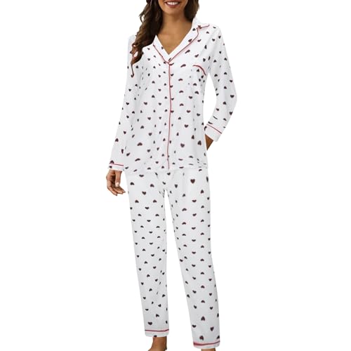 Generisch Damen Schlafanzug mit Knopfleiste Langarm Nachtwäsche Pyjamas Set Zweiteiliger Nachtwäsche Night Suits for Women Winter Schlafen Und Loungewear A Weiß XXL von Generisch