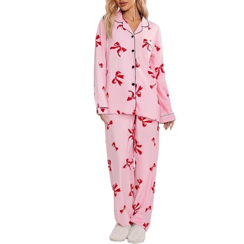 Generisch Damen Schlafanzug mit Knopfleiste Langarm Nachtwäsche Pyjamas Set Zweiteiliger Nachtwäsche Night Suits for Women Winter Schlafen Und Loungewear von Generisch