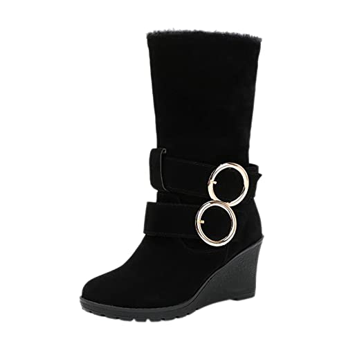 Generisch Damen Schnee Stiefel Winter Boots Gürtelschnalle Kurzschaft Rundkopf Hoher Absatz Verdickte Wärmestiefel für kalte Tage Outdoor-Aktivitäten (Black, 39) von Generisch